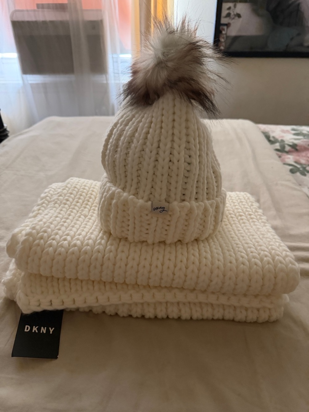 DKNY Women Cream Knit Beanie with Faux Fur Pom